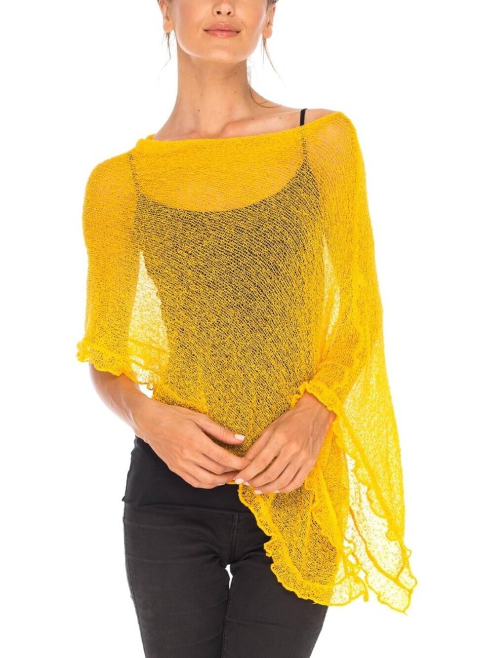 〽️Women’s Yellow Sheer Knit Poncho Shrug Lightweight Asymmetrical Ruffle Wraps